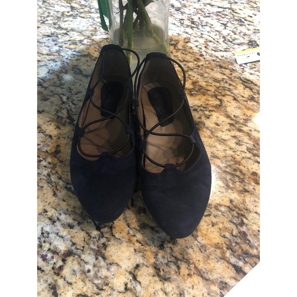 EARTHIES Essen Navy Blue Suede Gladiator Leather Ghillie Ballet Flats Shoes 6.5